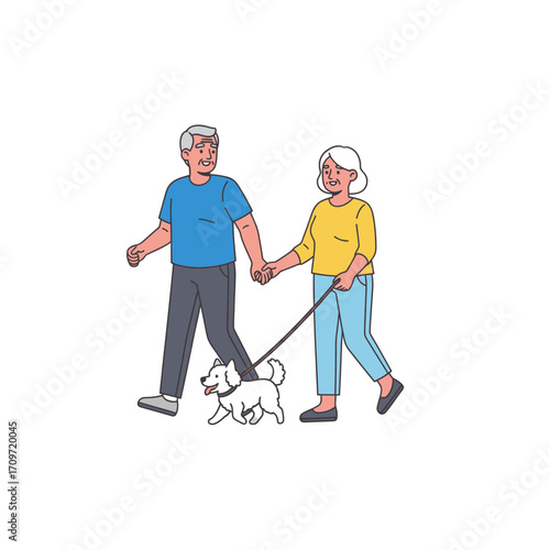 Elderly couple holding hands, walking a small dog.