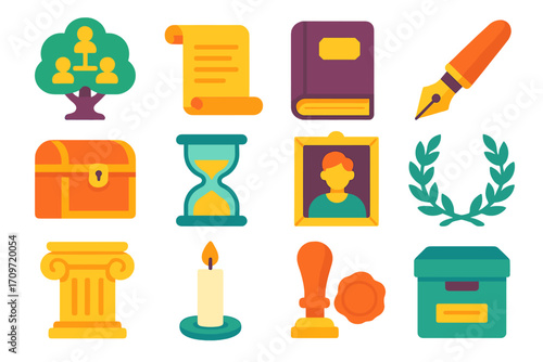 Office tools flat icon set. featuring network, document, book, pen, chest, hourglass, portrait, laurel, column, candle, seal, box