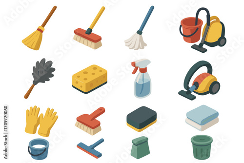 Cleaning equipment flat icon set. featuring broom, mop, vacuum, sponge, spray bottle, gloves, and scrub brush icons