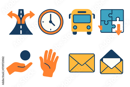 Transportation and time silhouette icon set. featuring road, clock, bus, puzzle, charity, email symbols