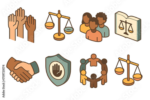 Social justice flat icon set. featuring hands, scale, people, handshake, shield, circle.