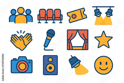 Theater arts flat icon set. featuring audience, ticket, stage lights, clapping, microphone, curtain, star, camera, speaker, spotlight, smiley