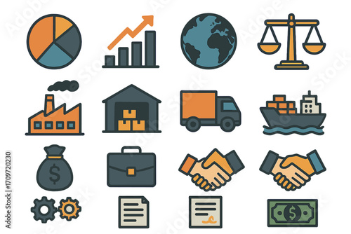 Business and logistics flat icon set. featuring graphs, globe, scale, factory, warehouse, and handshake symbols