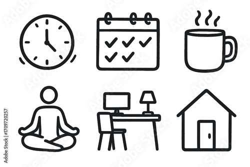 Daily routine linear icon set. featuring clock, calendar, coffee, meditation, workspace, home symbols