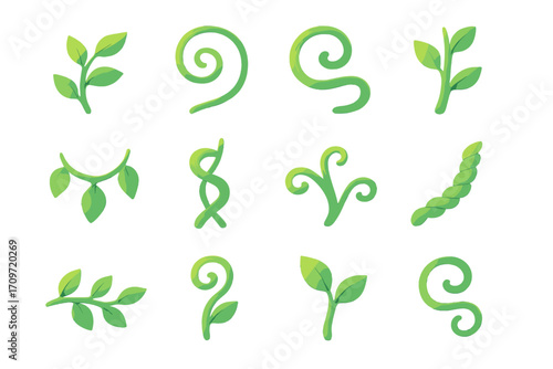 Nature elements silhouette icon set. featuring leaves, spirals, branches, and vines symbols