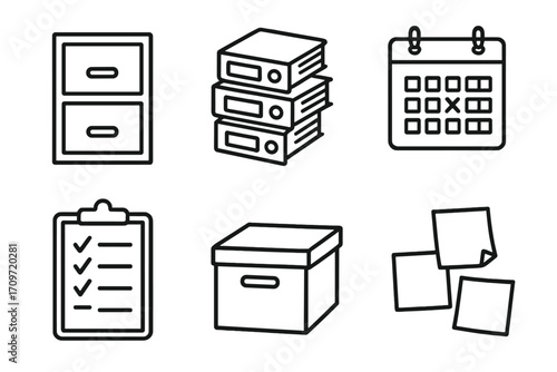 Office supplies linear icon set. featuring cabinet, binders, calendar, checklist, storage box, sticky notes