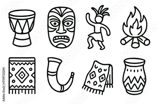 Tribal culture linear icon set. featuring drum, mask, dancer, fire, rug, horn, pottery symbols