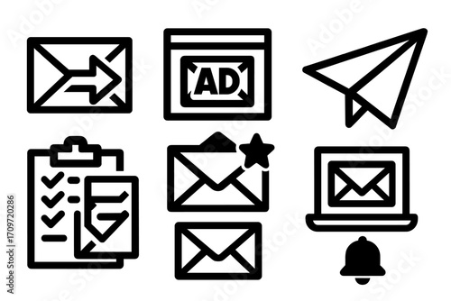 Email and communication silhouette icon set. featuring inbox, ad, paper plane, checklist, star, laptop, bell