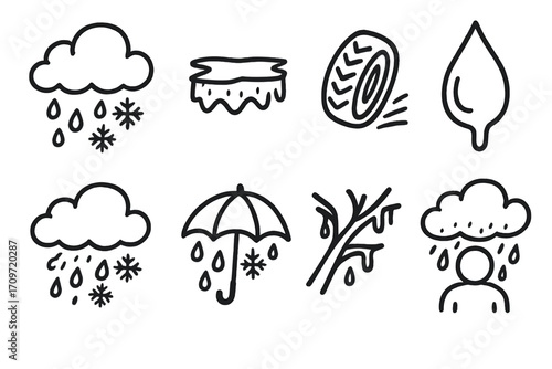 Weather conditions linear icon set. featuring snow, fog, tire, leaf, rain, umbrella, branch, and cloud symbols