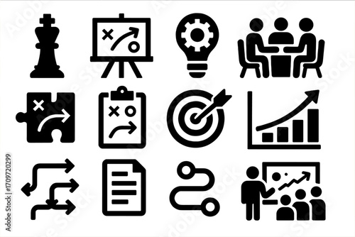 Business strategy silhouette icon set. featuring chess, presentation, teamwork, planning, and growth symbols