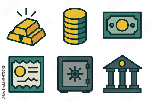 Finance and banking flat icon set. featuring gold, coins, cash, certificate, vault, bank symbols