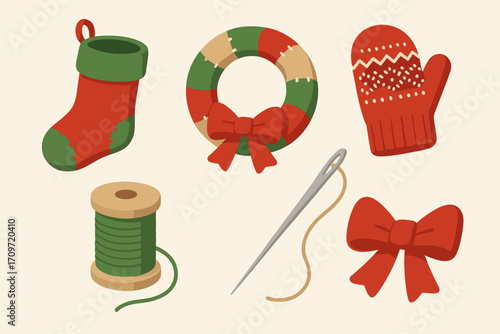 Christmas decorations flat icons set. including stocking, wreath, mitten, thread, needle, and bow.