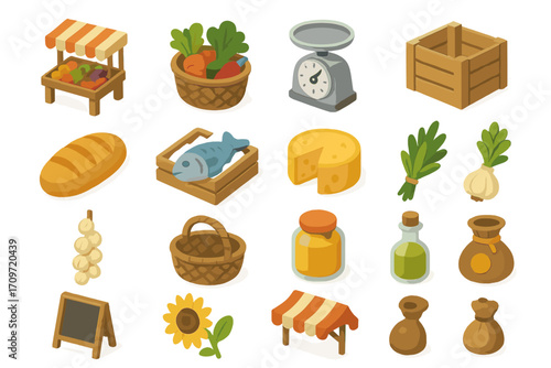 Market goods flat icon set. featuring fruits, vegetables, scale, crate, bread, fish, cheese, spices, and market stall