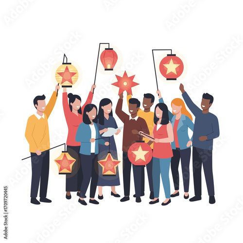 Diverse group of people celebrating a festival with traditional lanterns and star-shaped lights, symbolizing unity and joy.