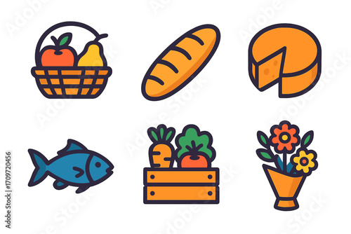 Food and nature flat icons set. featuring basket, bread, cheese, fish, vegetables, flowers