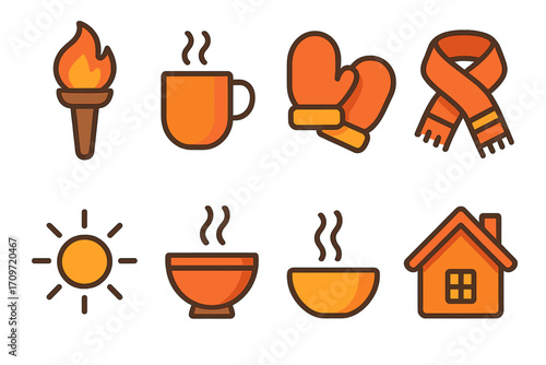Winter cozy flat icon set. featuring torch, mug, mittens, scarf, sun, bowl, and house symbols