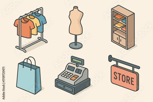 Retail shopping flat icon set. featuring clothing rack, mannequin, shelf, bag, cash register, and store sign.