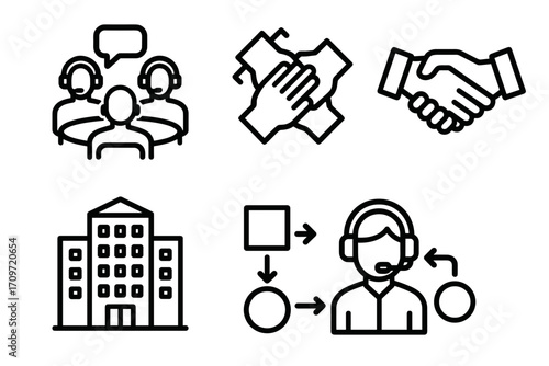 Business communication linear icon set. featuring teamwork, handshake, office, process flow, and customer support symbols