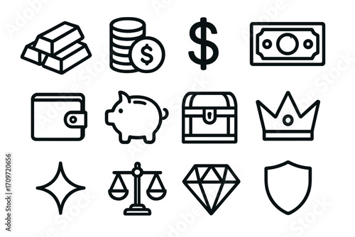 Finance silhouette icon set. featuring gold bars, coins, dollar sign, wallet, piggy bank, and shield symbols