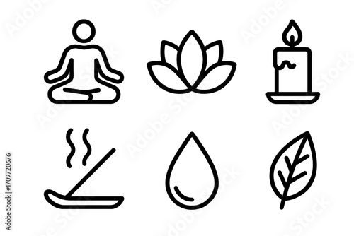 Wellness and relaxation linear icon set. featuring yoga, lotus, candle, incense, drop, leaf symbols