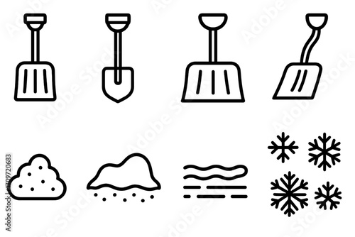 Winter tools linear icon set. featuring shovels, snow piles, snowflakes, and snowdrifts