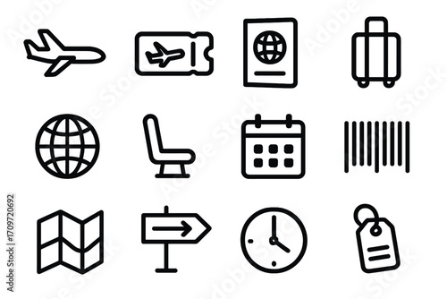 Travel and booking linear icon set. featuring airplane, ticket, passport, luggage, globe, seat, calendar, barcode, map, signpost, clock, and tag symbols.