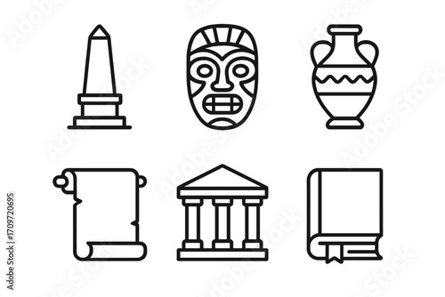 History and culture linear icon set. featuring obelisk, mask, vase, scroll, temple, and book symbols