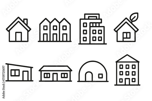Real estate silhouette icon set. featuring house, apartment, eco-home, villa, bungalow, office, and townhouse symbols