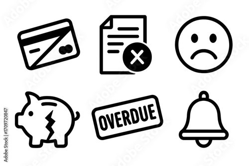 Finance silhouette icon set. featuring credit card, invoice, sad face, piggy bank, overdue, and bell symbols