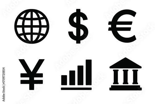 Finance silhouette icon set. featuring globe, dollar, euro, yen, growth, and bank symbols.