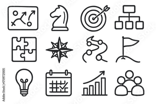 Strategy and planning linear icon set. featuring chess, target, puzzle, and more