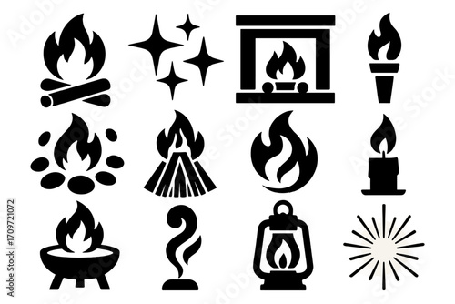Fire elements silhouette icon set. featuring campfire, torch, candle, flame, lantern, and spark symbols