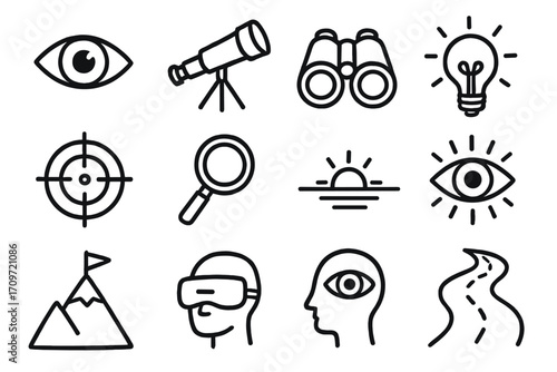 Exploration linear icon set. featuring eye, telescope, binoculars, lightbulb, target, magnifying glass, sunrise, mountain, vr headset, face, road symbols