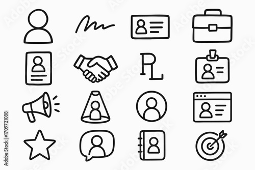 Business essentials linear icon set. featuring user, signature, id card, briefcase, handshake, and target.