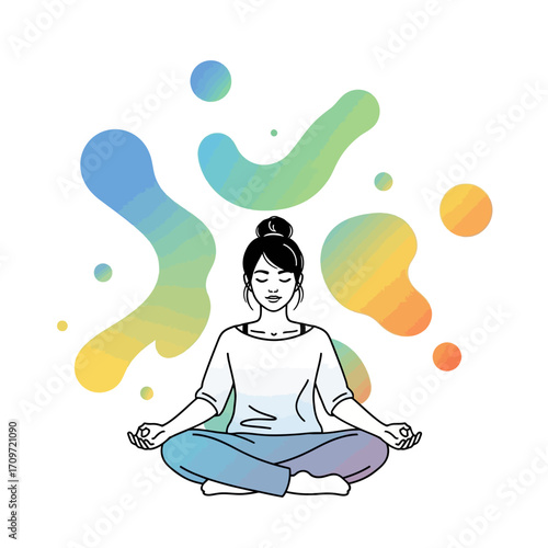 Woman meditating with colorful abstract shapes around her.