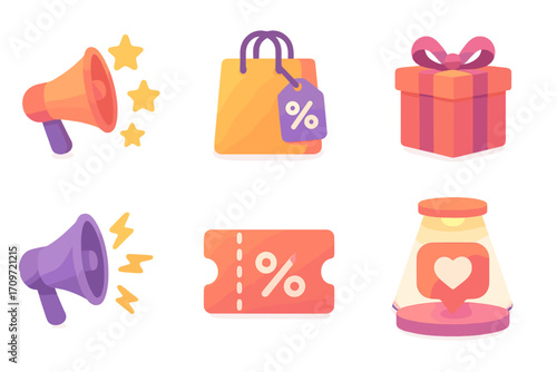 Shopping and promotion silhouette icon set. featuring megaphone, bag, gift, coupon, ticket, and spotlight symbols
