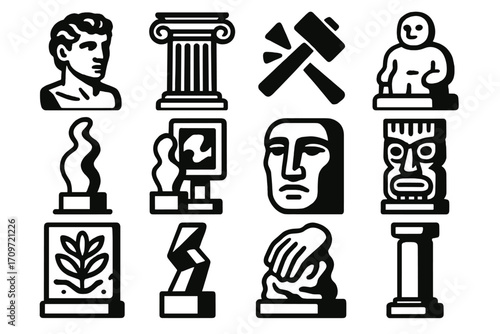 Sculpture silhouette icon set. featuring bust, column, tools, moai, and totem symbols