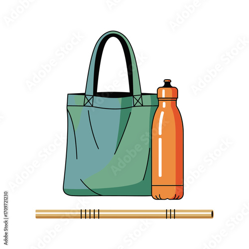 Reusable Tote Bag, Water Bottle, and Metal Straw.