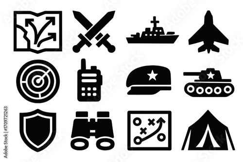 Military silhouette icon set. featuring map, swords, ship, jet, radar, radio, cap, tank, shield, binoculars, strategy, tent