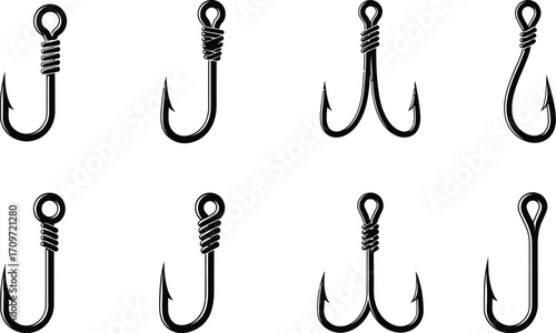 Fishing hooks vector set different types black and white