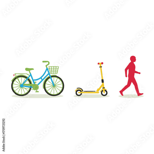 Icons of a bicycle, electric scooter, and a walking person representing different modes of personal transport.