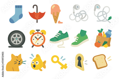 Daily objects flat icon set. featuring sock, umbrella, ice cream, earphones, wheel, alarm clock, shoes, fruit, cat, fish, key, lock, bread