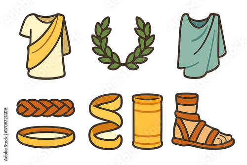 Roman clothing flat icon set. featuring toga, laurel wreath, tunic, cuirass, sandal, and belt icons