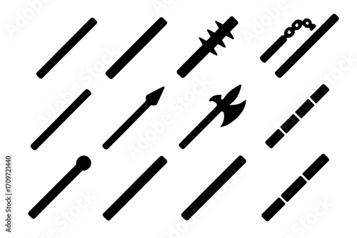 Martial arts weapons silhouette icon set. featuring nunchaku, spear, axe, staff, and club symbols