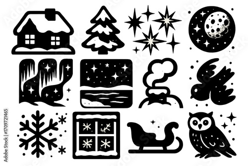 Winter silhouette icons set. featuring house, tree, stars, moon, aurora, window, sleigh, owl, bird, snowflake