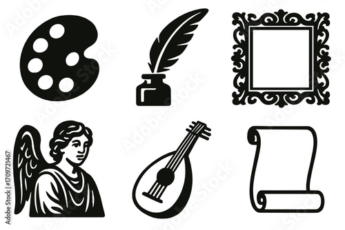Art and culture silhouette icon set. featuring palette, quill, frame, angel, lute, and scroll symbols