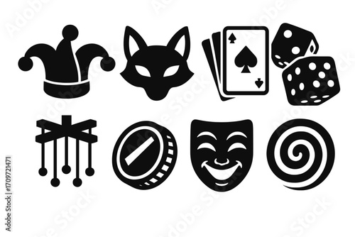 Theater and gaming silhouette icon set. featuring jester, fox, cards, dice, puppet, coin, mask, swirl