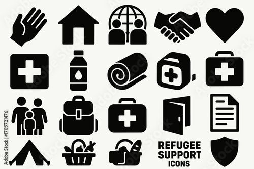 Refugee support silhouette icon set. featuring shelter, community, healthcare, aid, family, food, and safety symbols