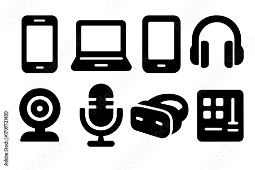 Technology devices silhouette icon set. featuring smartphone, laptop, tablet, headphones, webcam, microphone, vr headset, and keypad icons