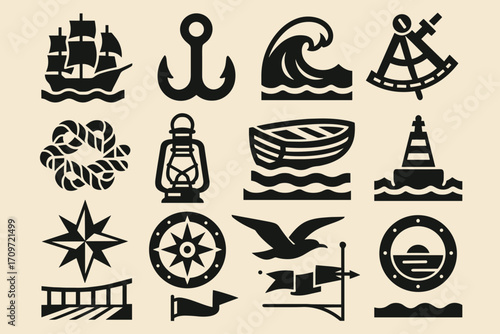 Nautical adventure silhouette icon set. featuring ship, anchor, wave, sextant, knot, lantern, boat, buoy, compass, seagull, bridge.